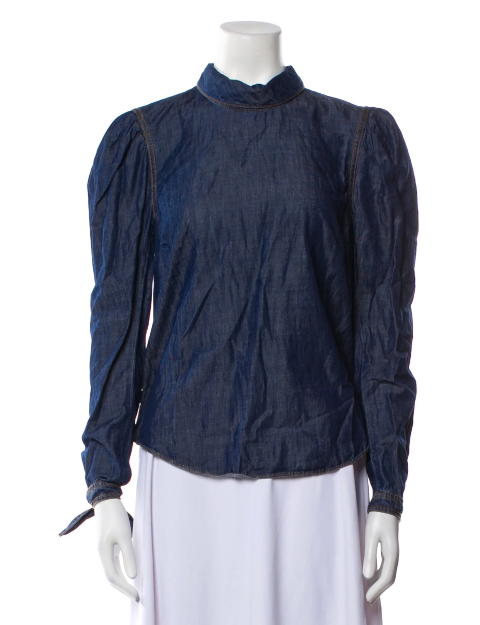 "Veronica Beard" "Isabel" Chambray Puff Sleeve Denim Mock Neck Top