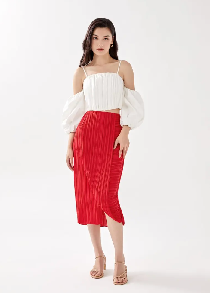 Love Bonito Studio Sorrel Red Pleated Plisse Foldover Midi Skirt NWT - Size 8